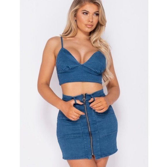 Tops - Blue Denim Jeans Sleeveless V-Neck Crop Top and Bodycon Mini Skirt Two Piece Set
